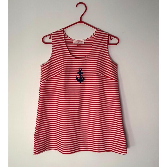 60s vintage nautical anchor embroidered red white striped sailor tank top blouse - Picture 1 of 8